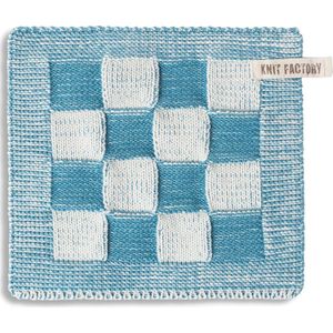 Knit Factory Gebreide Pannenlap Block - Pannenlappen gemaakt van 50% katoen & 50% acryl - Blokken motief - Traditionele look - 1 stuk - Ecru/Spring Green - 23x23 cm