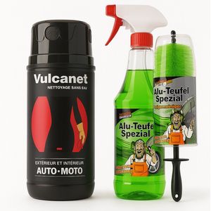 Vulcanet Auto & Moto Reinigingsdoekjes + Tuga Chemie Alu-Teufel Spezial Velgenreiniger met Borstel – Complete Autoverzorgingsset