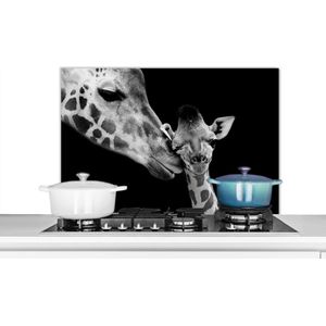 Spatscherm keuken 80x55 cm - Kookplaat achterwand Dieren - Zwart - Wit - Giraffe - Portret - Muurbeschermer - Spatwand fornuis - Hoogwaardig aluminium