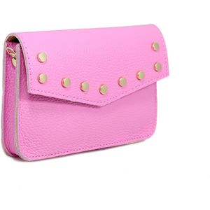 STUDIO Ivana - Leren schoudertasje studs roze - roze telefoontasje van leer - roze tasje met gouden studs