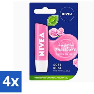 4 x Nivea - Lippenbalsem - Soft Rose - Natuurlijke Olie - 5,5 g - NIVEA Lippenbalsem - Lippenbalsem Rozenkleur - Hydraterende Lippenbalsem - Natuurlijke Lippenbalsem - Lippenbalsem Voor Droge Lippen