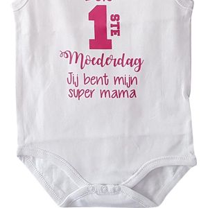 Rompertje baby meisje roze tekst cadeau eerste moederdag | eerste moederdag jij bent mijn super mama |korte mouw | wit roze fucsia | maat 50-56