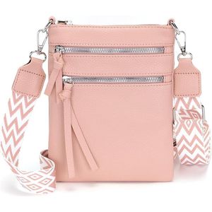 Crossbody tas voor dames - Roze/wit - 16,5 x 21,5 x 4 cm - Schoudertas met afneembare schouderband - Telefoontas voor vrouwen - Festivaltas met veel ruimte - Handtas met ritsen - Verwijderbare schouderriem - Waterbestendig