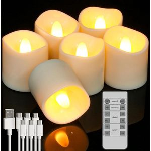Led Kaarsen met Bewegende Vlam Oplaadbaar en Afstandsbediening - Set van 6 Flikkerende Theelichtjes - USB-kabel - Automatische Uitschakeltimer - Langdurig Brandend