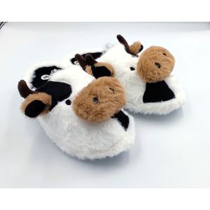 Dames Pantoffels - Koe Figuur - Zachte Instap Huissloffen - Antislip - Wit/Zwart/Bruin