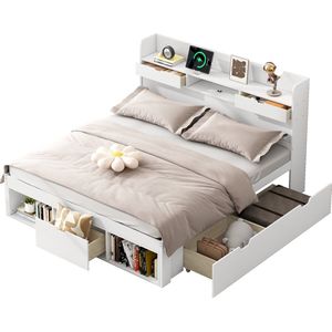 Merax Tweepersoonsbed 180x200 cm met USB Aansluiting - Kingsize Bed met Opberglades en Opbergruimte in Hoofdbord - Multifunctioneel Kinderbed - Wit