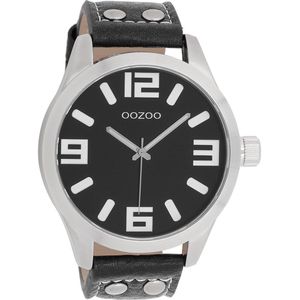 OOZOO Timepieces - Zilverkleurige horloge met zwarte leren band - C1004