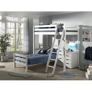 LUCEVI - Pino Mezzanine bed + Ladder + Commode 4 Laden + Bed - Wit - 90x200 cm