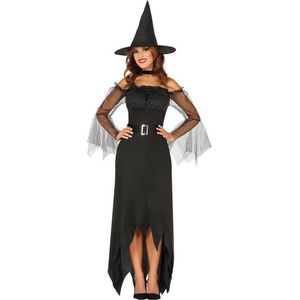 Halloween - Zwarte lange heksen verkleed kostuum jurk voor dames - verkleedkleding halloween XL/XXL