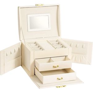 Sieradendoos voor vrouwen en meisjes, afsluitbaar, 3 niveaus, 2 laden, 3 kleuren, met spiegel, voor ringen, oorbellen, kettingen, armbanden (wit2)