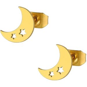 Aramat jewels ® - Oorbellen maan met sterretjes zweerknopjes chirurgisch staal 10mm goudkleurig