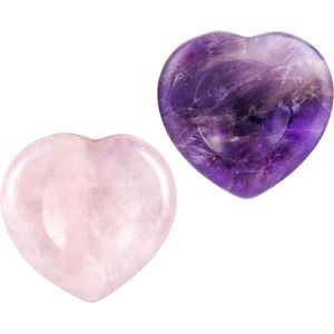 Natuurlijke Helende Kristal Hartstenen Set - Rozenkwarts en Amethist - Verlicht Angst en Reinigt Negatieve Trillingen