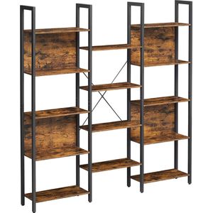 Hoppa! boekenkast, ladderplank, 14 planken, metalen frame, voor woonkamer, studeerkamer, kantoor, industrieel ontwerp, 158 x 24 x 166 cm, vintage bruin-zwart