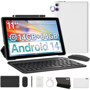 kotsren A7L - Android 14 Tablet - 11 inch - 14(3+11)GB RAM/64GB ROM– Met Toetsenbord, Muis, Oordopjes & Bescherming - Wit