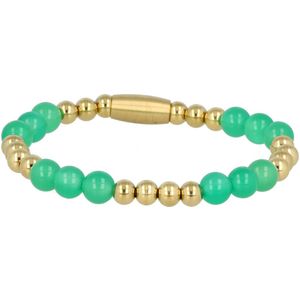 *Damesarmband goudkleurig met Green Agate edelsteen elastisch - Luxe goudkleurige armband door combinatie van groene Agaat edelstenen met edelstalen balletjes - Met luxe cadeauverpakking