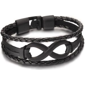 Leren Armband - Zwart Leer met Zwarte Infinity Hanger - Leren Armbanden Heren Dames - Cadeau voor Man - Mannen Cadeautjes