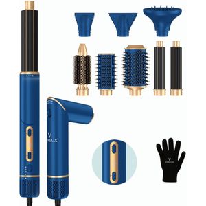 VENEUX® 8 in 1 Föhnborstel - Airstyler - Krulborstel - Multistyler - Diffuser Föhn - Blauw / Goud
