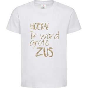 Shirt Aankondiging zwangerschap Hoera, Ik word grote zus | korte mouw | Wit/Champagne Goud GLITTER | maat 98/104 zwangerschap aankondiging bekendmaking Baby big sis sister Grote Zus