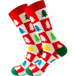 Kerstsokken rood/wit/groen met kerstbomen - Sokken heren/dames maat 40-45 - grappig design kerstcadeau