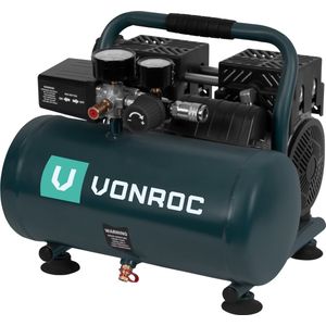 VONROC PRO Stille Compressor - Olievrij - 750W - 1PK - 128 l/min – 6 Liter – 8 Bar – 57,5dB(A) – Silent – Low noise - Antraciet