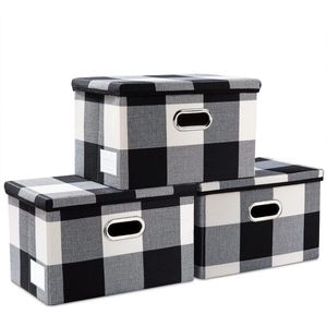 Opvouwbare opbergcontainer met deksel [3-pack] stof opvouwbare opbergdoos organisator containermand kubus met deksel voor huis zwart-wit raster (38 x 25 x 25)
