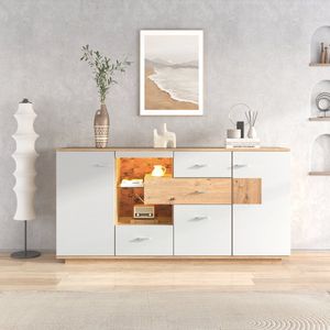 Sweiko Moderne dressoir kast met veel opbergruimte, met LED verlichting, 160x40x77cm, 2 deuren, 4 laden, glazen plank, houten look, wit, woonkamer meubels, organizer, commode, multifunctionele kast