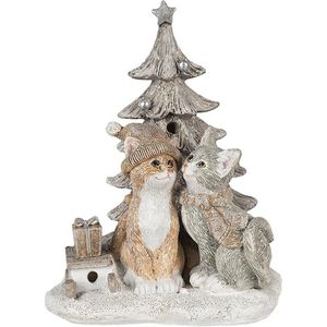 Clayre & Eef Beeld  Katten 12x10x16 cm LED Grijs Beige Kunststof Kerstdecoratie beeld decoratie  Decoratieve Accessoires