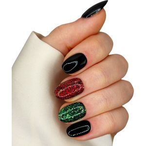 SD Press on Nails - B-252 - Plaknagels - Gelnagels - Handgemaakt - 20 stuks - Zwart Glitter Groen Rood - Nepnagels met lijm - Korter Rond - Accessoires Feestdagen - Nagelstudio - Gellak - Nageltips - Nagelset - Nail Art