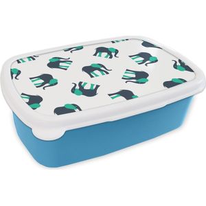 Broodtrommel Blauw - Lunchbox - Brooddoos - Olifant - Patroon - Groen - 18x12x6 cm - Kinderen - Jongen