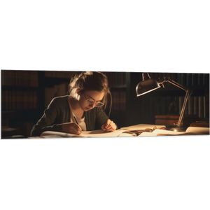 Vlag - Meisje - Boeken - Huiswerk - Lamp - Bril - Pen - 150x50 cm Foto op Polyester Vlag