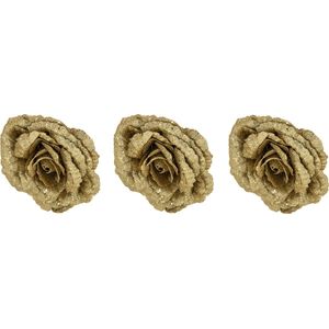 6x stuks decoratie bloemen roos goud glitter op clip 18 cm - Decoratiebloemen/kerstboomversiering/kerstversiering