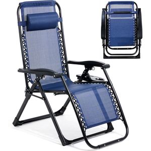 Goliving Opvouwbare Ligstoel - 3 Standen - 110 x 66 x 178 cm - Verstelbare Tuinstoel met Tafel - Inklapbare Campingstoel - Loungestoel Buiten - Vouwstoel Tuin - Blauw