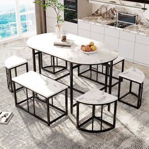 Eetkamertafelset met zes stoelen, eetgroep met witte MDF zitting en zwart ijzeren frame, moderne luxe tafels en stoelen