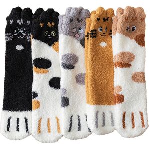 5-Pack Huissokken - Dames Zachte Pluche Sokken - Schattig - Warm - Wintersokken - Comfortabele Sokken voor Pantoffels - Slaapsokken - Sokken in de Vorm van een Kat