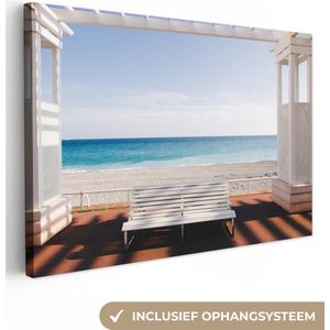 Canvas - Muurdecoratie - Raam - Zee - Bankje - Uitzicht - Interieur - 150x100 cm - Canvas woonkamer