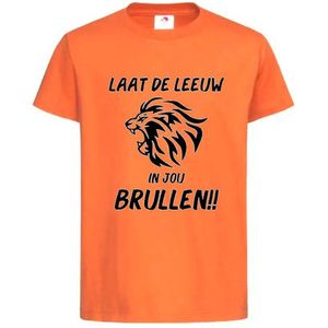 T-shirt Kinderen ""Laat de Leeuw in jou Brullen!!"" Op Achterkant EK Voetbal Europees Kampioen Kampioenschap Oranje Koning Koningsdag | korte mouw | Oranje/zwart | maat 98/104