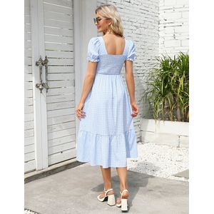 Damesjurk Casual Lange Zomerjurk Korte Mouw Swing Midi Jurk A-lijn Casual Jurk met Hoge Taille Blauw XL