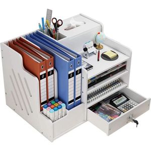 JGS ® Desktop bestandsorganisator, bureaudocument bestandsorganisator voor kantoor, huisschool, papieren brieflade organizer met tissuedoos en kleine stationaire caddy houder
