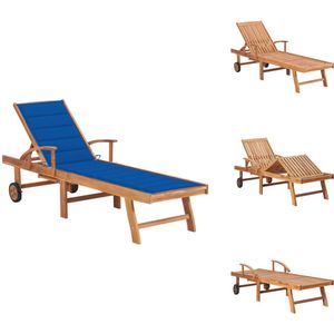 vidaXL Zonnestoel - Zonnestoelen - Zonnebed - Zonnebedden - Ligbed met koningsblauw kussen massief teakhout