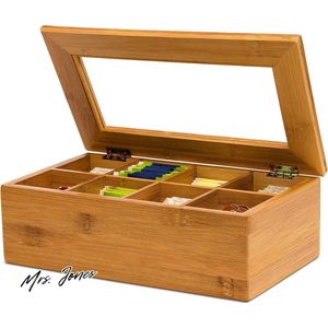 Mrs. Jones Theedoos Bamboe 8 Vakken Transparante Deksel Grote Theekist Organizer Natuurlijke HBD 9x28x16 cm .