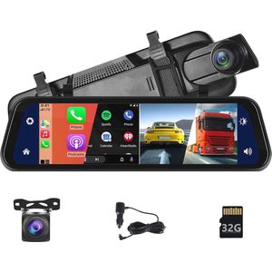 Achteruitkijkspiegel Dashcam met Bluetooth en Carplay 9,66 inch – HD Nachtzicht Camera voor en Achter