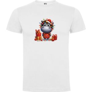 Wit unisex t-shirt met “ Kleurrijke Leuk Kerst Nijlpaard met Kerstlampjes in de war en Kado's / Vrolijk Kerstfeest “ Print Full Color merk Roly maat 104 3/4 jaar