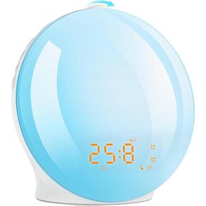 Sunrise Alarm Clock Wake Up Light met Sunrise/Sunset Simulatie Dual Alarms en Snooze Functie 7 Kleuren Sfeer Lamp 7 Natuurlijke Geluiden en FM-Radio Ingebouwde Telefoon Opladen Port