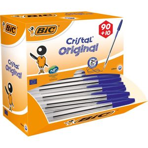 BIC Cristal Balpennen Medium Punt (1.0 mm) - Voordeelpak 90+10 gratis - schrijfkleur blauw