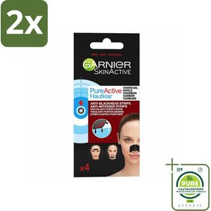 Garnier - Pure Active - Anti-Mee-Eters Strips - Charcoal - Neus, Voorhoofd & Kin - 4 Strips - Voordeelverpakking - 2 stuks - Anti-Mee-Eters Strips - Houtskoolstrips