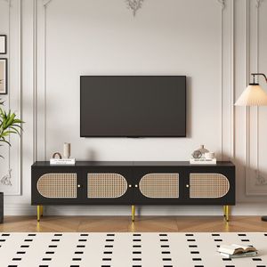 Sweiko Zwarte Rotan TV kast 180x40x50 cm. Uitgerust met 4-rieten deuren, Verstelbare planken en kabelbeheer, geschikt voor tv's, tv-kasten en lage vloerplatforms onder 80 inch