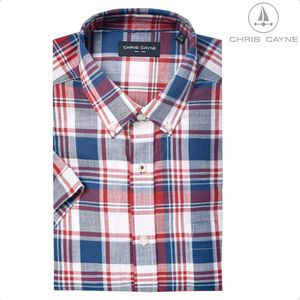 Chris Cayne heren overhemd korte mouw - maat M - met borstzak - kleur blauw/rood - ruit dessin - 100 % Katoen - slub garen - shirt heren - shirt M - borstzak