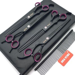 Professionele 8 inch hondenverzorging schaar set - rechte, dunner, gebogen & chunkers met kam in 1 (zwart)