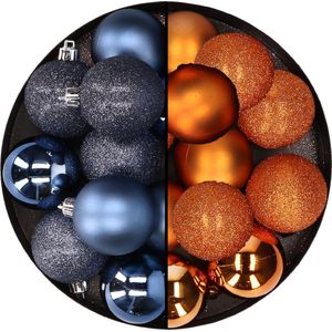 24x stuks kunststof kerstballen mix van donkerblauw en oranje 6 cm - Kerstversiering