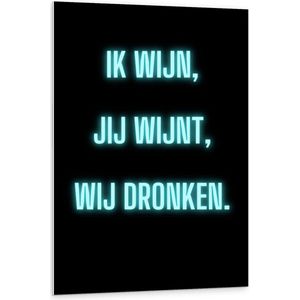 Forex - Tekst: ''Ik Wijn, Jij Wijnt, WIj dronken'' Neon Letters Blauw/Zwart - 80x120cm Foto op Forex